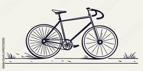 Vintage Bicycle Illustration: A classic vintage bicycle, meticulously drawn in a minimalist black and white design, rests against a soft beige backdrop, hinting at a leisurely ride through nature.