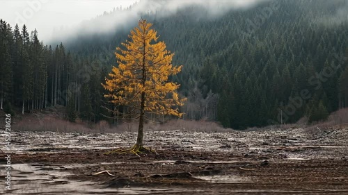 Solitary Tree in Serene Landscape: A majestic tree, adorned in autumnal gold, stands boldly amidst a serene, mist-veiled landscape.