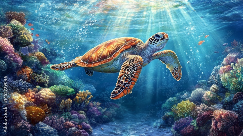 Naklejka premium A striking image of a sea turtle diving deep into the ocean, with rays of sunlight breaking through the water surface, creating a mesmerizing underwater scene.