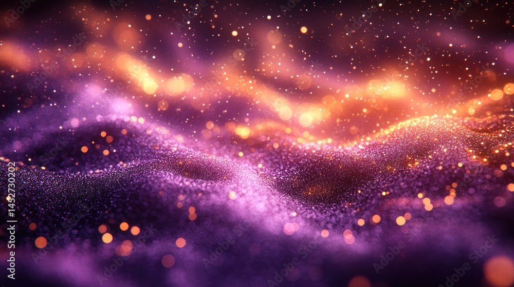 Obraz premium Abstract, swirling, particles, golden, purple, night sky, background