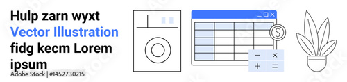 Spreadsheet with currency sign, calculator, washing machine, and potted plant. Ideal for finance, home budget, automation, savings, calculations management flat landing page banner