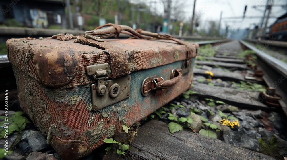 Antique suitcase on train tracks Antique suitcase on train tracks
