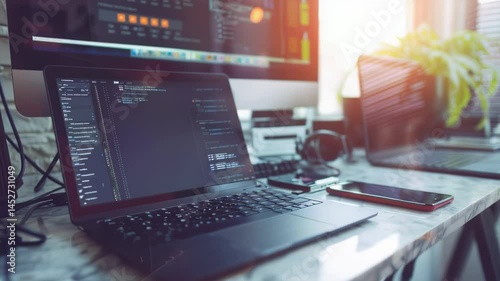 Wallpaper Mural Modern workspace with laptop displaying code, desktop computer, and accessories in a bright, sunny environment. Torontodigital.ca