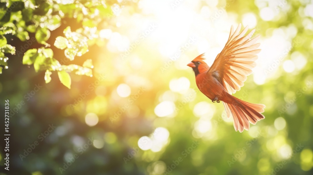 Obraz premium A vibrant red cardinal in mid-flight, captured with clear detail as it flaps its wings against a backdrop of lush green trees and sunlight.
