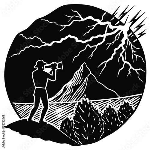 Black and White Woodcut Illustration of a Man Observing a Lightning Storm