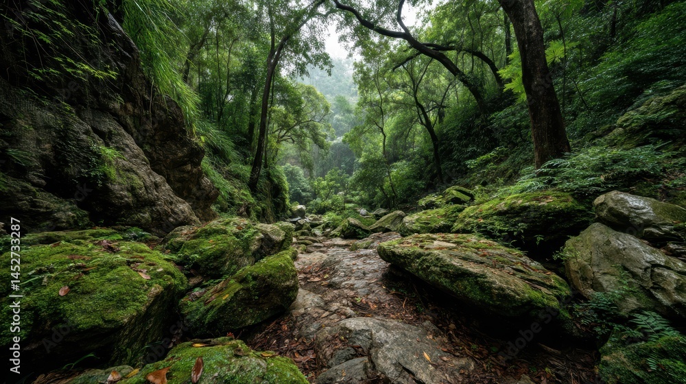 A view of a secluded nature park with dense foliage, moss-covered rocks, and wildlife sightings A view of a secluded nature park with dense foliage, moss-covered rocks, and wildlife sightings