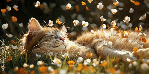 Orange and white petals fall gently onto a peaceful feline in the grass, composition balanced like a modern fairy tale.