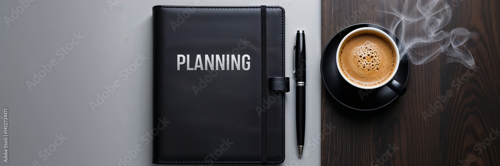 notebook with the inscription planning, cup of coffee, pen