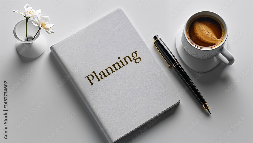 notebook with the inscription planning, cup of coffee, pen