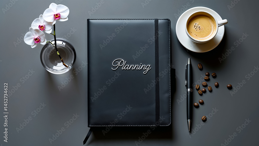 notebook with the inscription planning, cup of coffee, pen