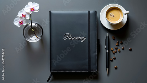 Obraz na płótnie notebook with the inscription planning, cup of coffee, pen
w salonie