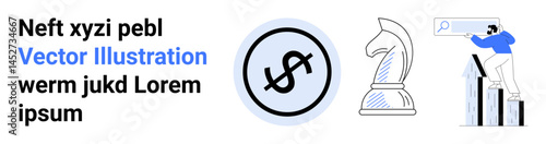 Dollar sign, chess knight, and person analyzing growth charts reflect business strategy. Ideal for financial goals, strategy planning, investment, market analytics, decision-making, entrepreneurship