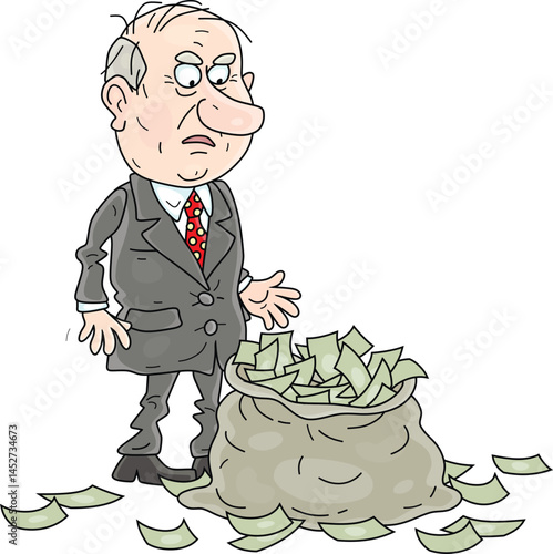 Discontented businessman with a money bag, vector cartoon illustration on a white background