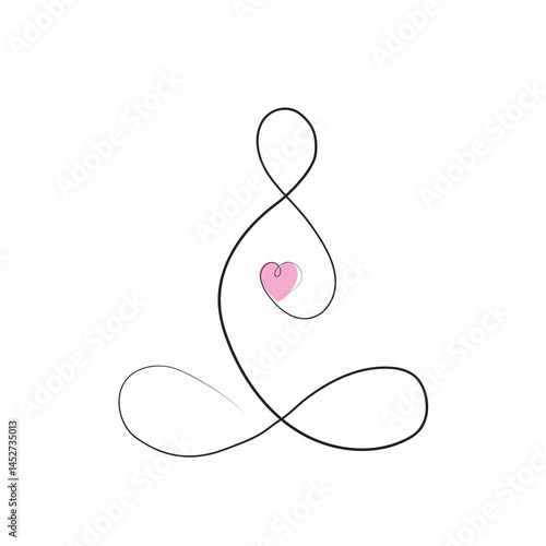 Woman practicing yoga, sitting in lotus pose and holding her heart. Continuous line drawing. Aerobic exercises for a healthy and modern lifestyle. Women practicing yoga.