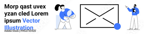 Woman holding content element, man gesturing to a mail interface. Ideal for digital marketing, email services, teamwork, collaboration, outreach, content sharing, simple landing page