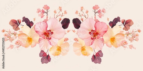 Poster design of pressed flowers arranged in a delicate symmetrical layout