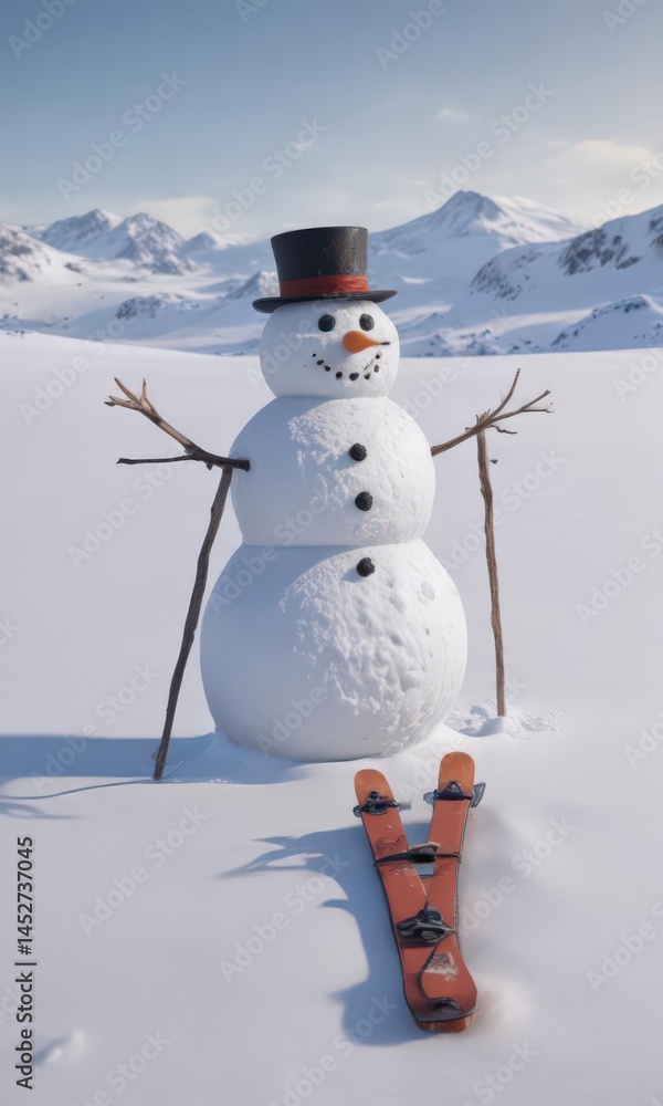 Fototapeta premium Lonely snowman in snowy field, skis & sled nearby , winter, skis, solitary