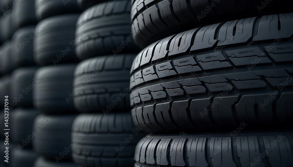 Stacked car tires, dark in color with a textured surface, A pile of used car tires stacked together- creating a textured pattern with a monochromatic color scheme, created with generative ai Stacked car tires, dark in color with a textured surface, A pile of used car tires stacked together- creating a textured pattern with a monochromatic color scheme, created with generative ai