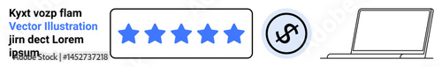 Five blue stars in a rating bar, a dollar sign in a circle for finance, and a laptop outline for tech. Ideal for reviews, feedback, finance, productivity, technology, business and a simple landing