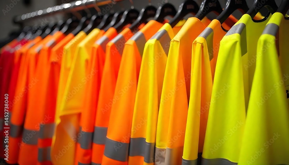 Fototapeta premium Rows of bright orange and yellow reflective safety vests hanging on a rack, Concept of safety and caution, created with generative ai