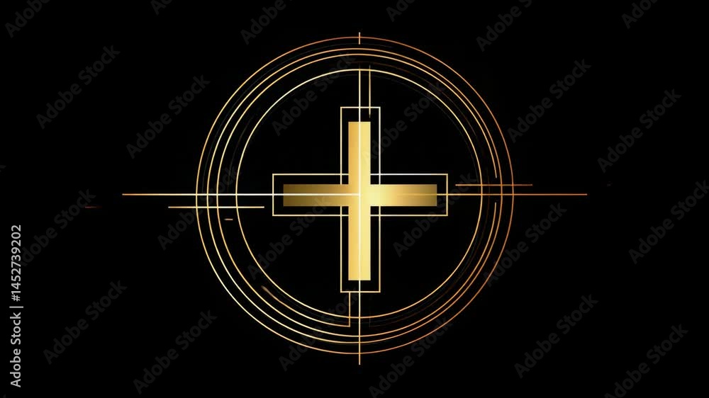 Elegant animated golden cross symbol on black backdrop with concentric circle outlines radiating from the center of the symbol Elegant animated golden cross symbol on black backdrop with concentric circle outlines radiating from the center of the symbol