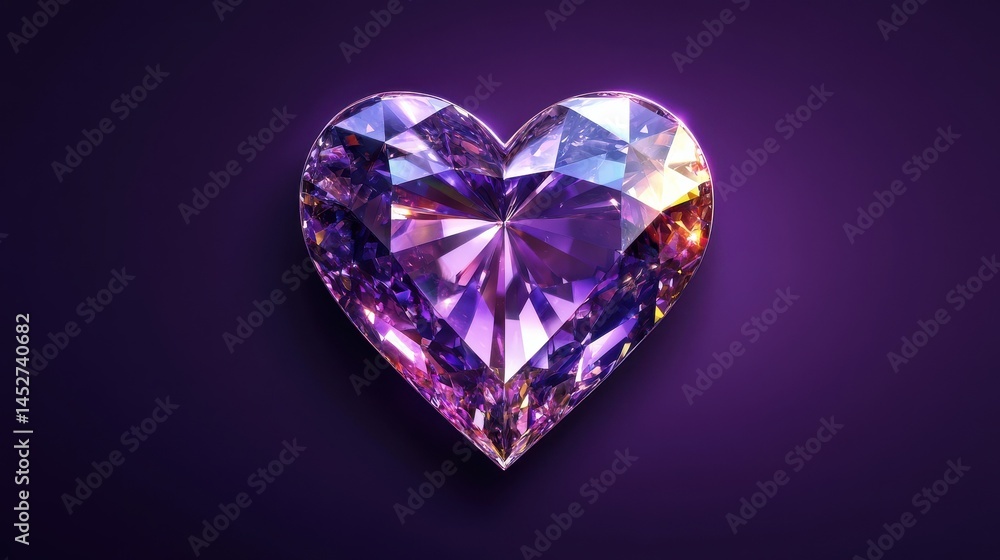 A sparkling gem in a heart shape, surrounded by a bold white outline, isolated on a deep purple background A sparkling gem in a heart shape, surrounded by a bold white outline, isolated on a deep purple background