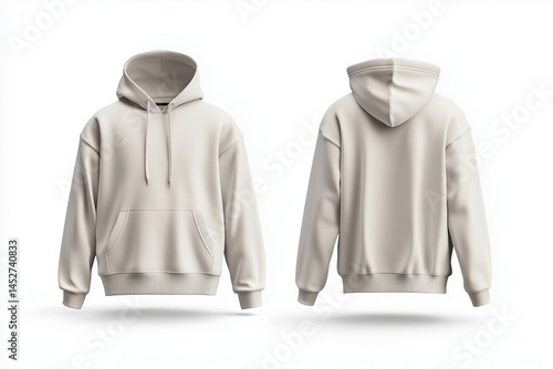 Studio photo of a blank white hoodie from both sides with detailed fabric folds, clean background mockup