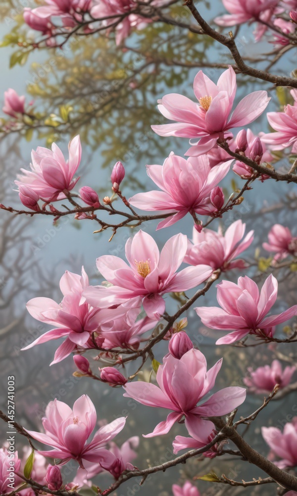 Obraz premium A profusion of pink magnolia flowers in full bloom on a graceful branch , flowers, image