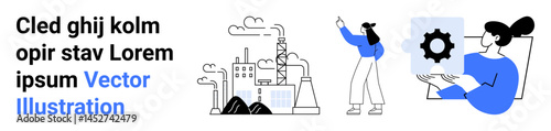 Industrial factory with chimneys, person presenting data, and gear symbol. Ideal for manufacturing, technology, innovation, workflow, industrial design, data analysis simple landing page