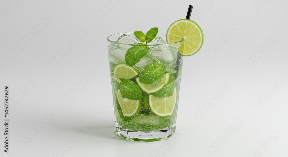 Refreshing mojito cocktail with lime mint ice and straw against white background. Refreshing mojito cocktail with lime mint ice and straw against white background.