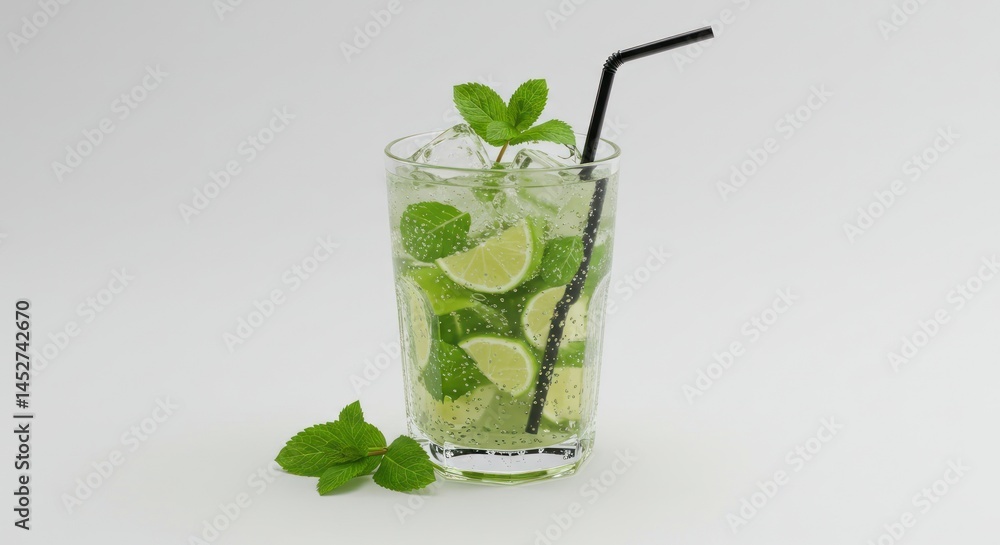 Mojito cocktail in a glass with lime mint and straw on white background. Mojito cocktail in a glass with lime mint and straw on white background.