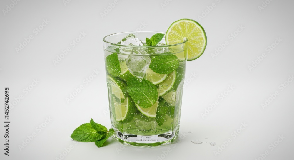 Refreshing mojito cocktail with ice mint and lime in a glass. Refreshing mojito cocktail with ice mint and lime in a glass.