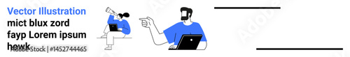Two individuals working remotely with laptops, one presenting an idea and another observing attentively. Ideal for teamwork, communication, technology, remote work, brainstorming, productivity, flat