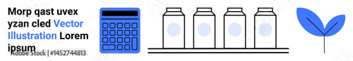Calculator, lined milk bottles, and a leaf emphasize financial planning, eco-consciousness, and resource management. Ideal for sustainability, budgeting, product design, environmental awareness