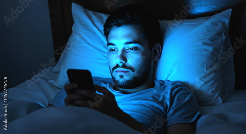 Young man looking at smartphone in bed at night