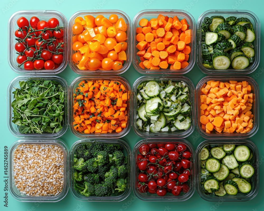 Colorful array of fresh vegetables and fruits in clear containers on teal background Colorful array of fresh vegetables and fruits in clear containers on teal background