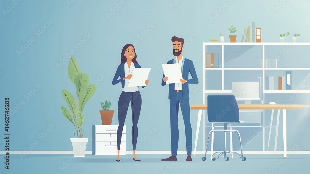 Obraz premium business, eco, real estate and office concept - businessman and businesswoman holding white paper house and keys in office illustration