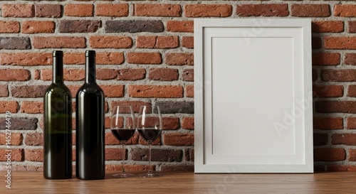 Two wine bottles and glasses with a blank picture frame against brick wall.