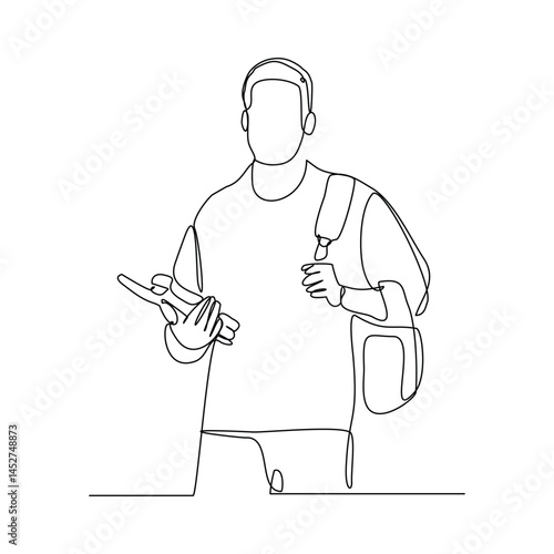 Continuous single line sketch drawing art of college campus student man with bag backpack and stack books. Editable stroke vector illustration