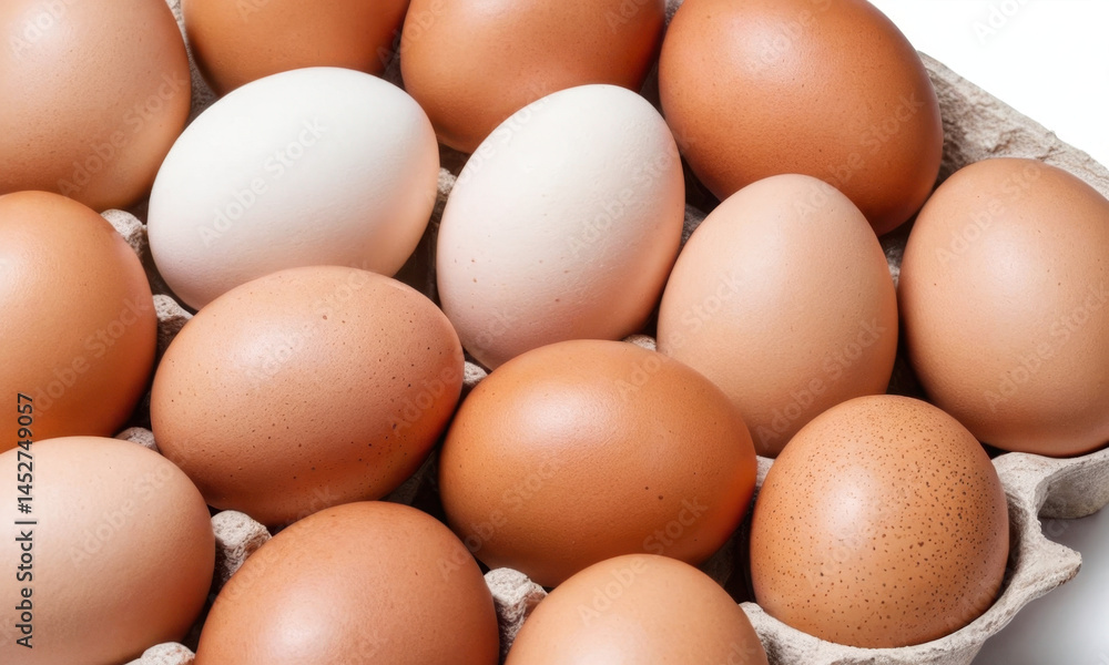 A carton filled with many brown and white eggs, perfect for decorating or as a prop