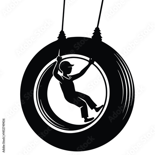 Silhouette of a Child Playing on a Tire Swing - Nostalgic Childhood Fun Icon