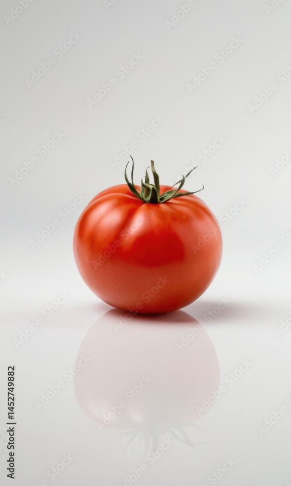 A single ripe tomato sits on a clean white surface, ideal for use in food photography or as a symbol of simplicity and freshness A single ripe tomato sits on a clean white surface, ideal for use in food photography or as a symbol of simplicity and freshness