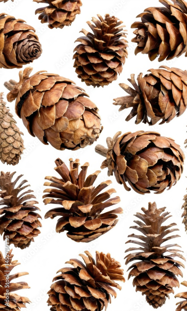 A collection of pine cones arranged neatly on a white surface, great for backgrounds or textures A collection of pine cones arranged neatly on a white surface, great for backgrounds or textures
