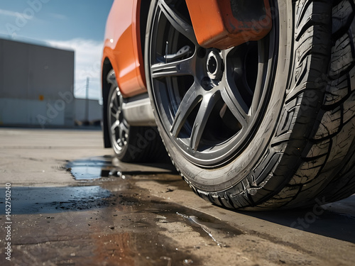 Wallpaper Mural Rolling on Wet Pavement: A close-up shot of an orange car's tire encounters a puddle, highlighting the interaction between automotive and environment. Torontodigital.ca