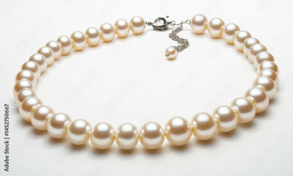 A close-up view of a beautiful white pearl necklace with a silver clasp A close-up view of a beautiful white pearl necklace with a silver clasp