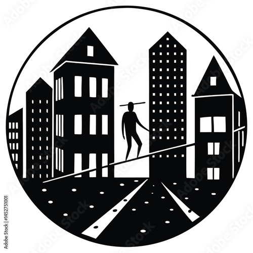 Silhouette Art: Tightrope Walker Balancing Over City Street, Urban Landscape, Black and White Illustration, Cityscape Art Print