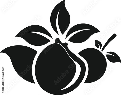 Vector illustrations of a ripe apple and a black and white flower accompany a vector illustration of a sweet apple tree with leaves