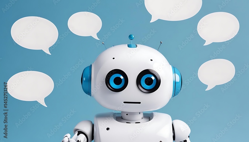Fototapeta premium A friendly white robot with a round head and black eyes surrounded by speech bubbles, against a bright blue background, created with generative ai