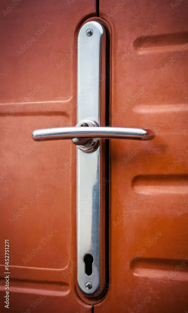 A close-up shot of a red door handle with intricate details