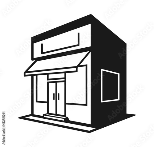 Illustration of a small storefront building with an awning and a double door entrance in black and white